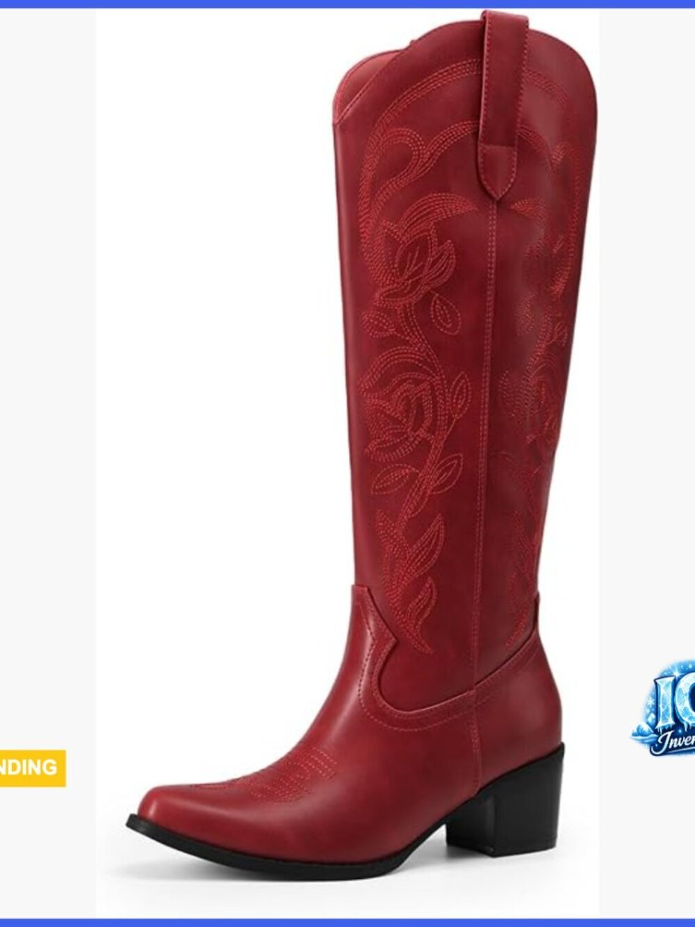Faux Leather Knee High Cowboy Boots with Embroidered Western Heel